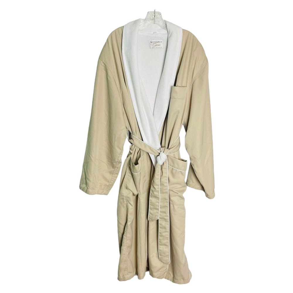 Monarch Cypress Bath Robe Size XXL Beige White Terry Cloth Lined Belted Long.